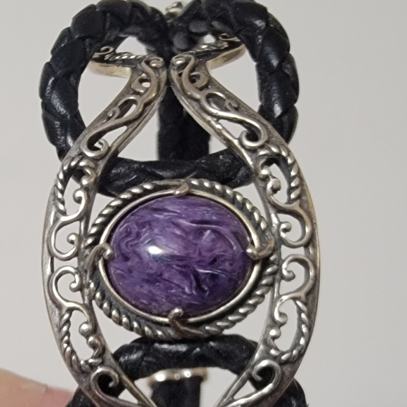 Carolyn Pollack/Relios Sterling Silver Leather Purple Charoite Cuff Bracelet - Picture 5 of 7